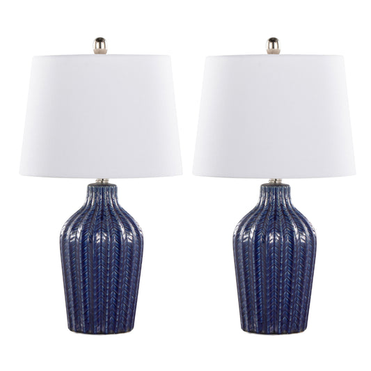 Rockwell 23" Contemporary Ceramic Table Lamp in Dark Blue Ceramic, Polished Nickel and White Linen Shade from Grandview Gallery by LumiSource - Set of 2