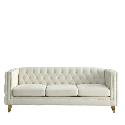 Velvet Sofa for Living Room,Buttons Tufted Square Arm Couch, Modern Couch Upholstered Button and Metal Legs, Sofa Couch for Bedroom, Beige Velvet ,2PCS