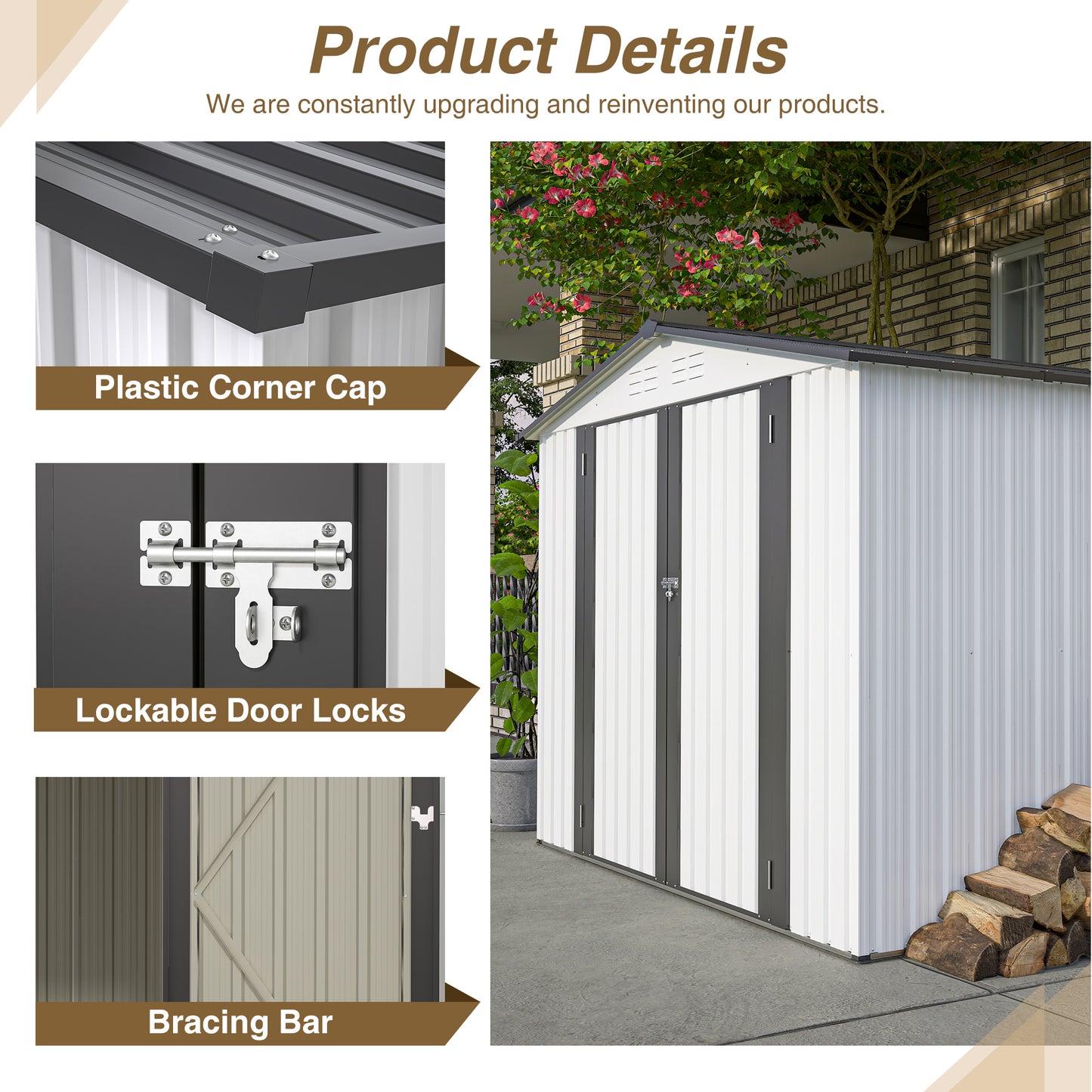 8 x 6 ft Outdoor Storage Shed, All Weather Metal Sheds with  2 Lockable Doors, Tool Shed for Garden, Backyard, Lawn,White