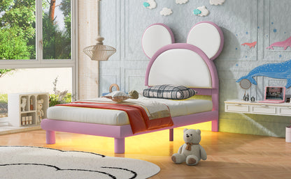 Twin Size Upholstered Platform Bed with Cartoon Ears Shaped Headboard and LED, White&Pink