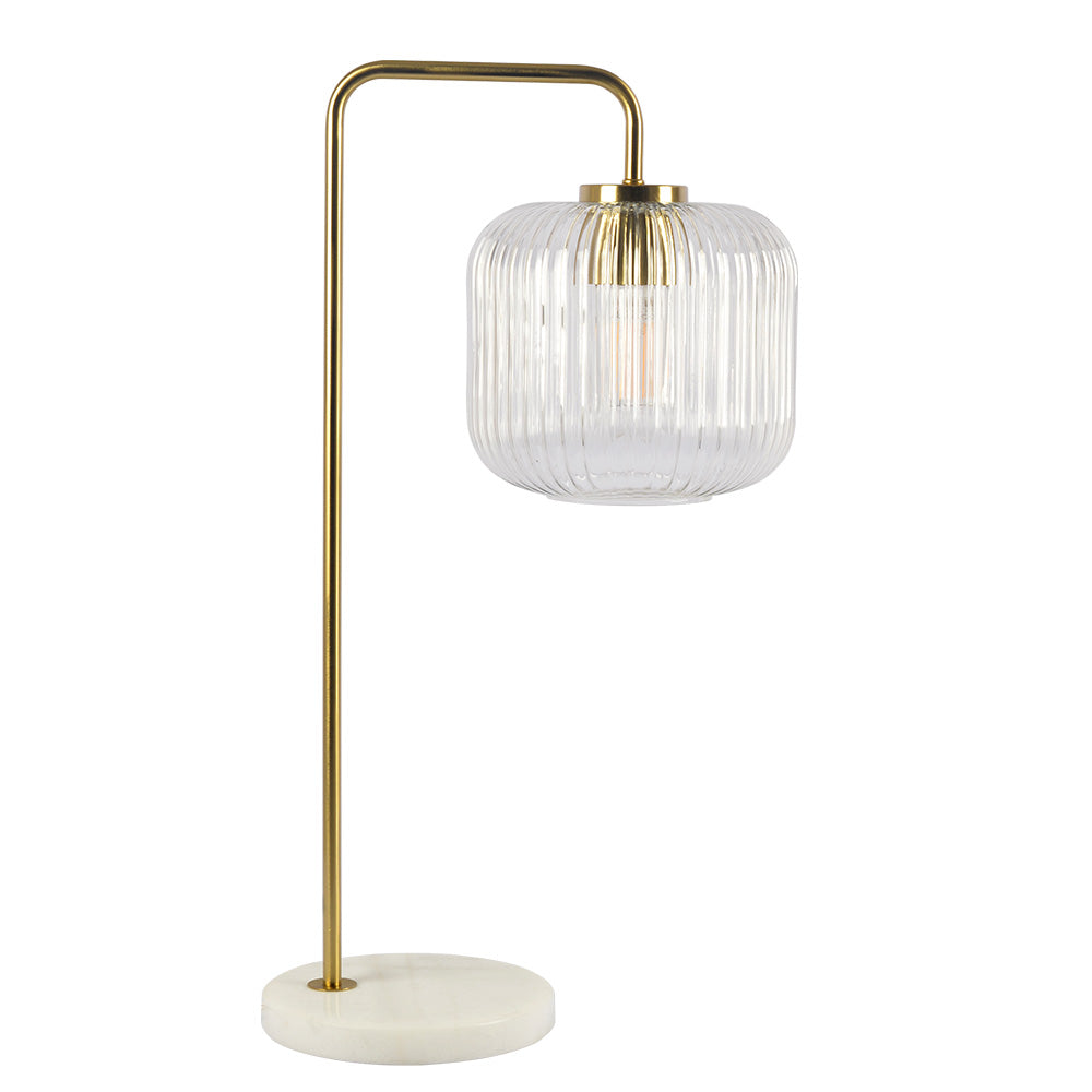 Haven Clear Glass Table Lamp, Gold Brush Metal and Marble Base, Button Control