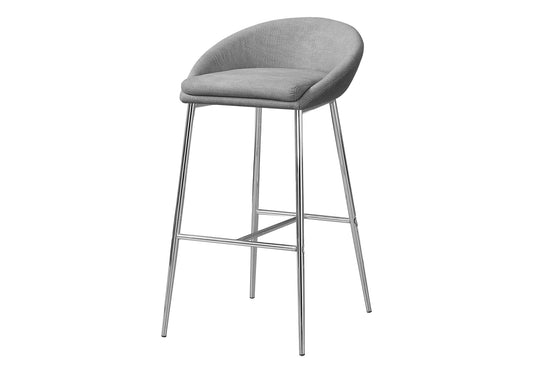 Bar Stool, Set Of 2, Bar Height, Chrome Metal, Grey Fabric, Contemporary, Modern