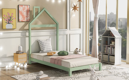 Twin Size Wood Platform Bed with House-shaped Headboard  (Green)