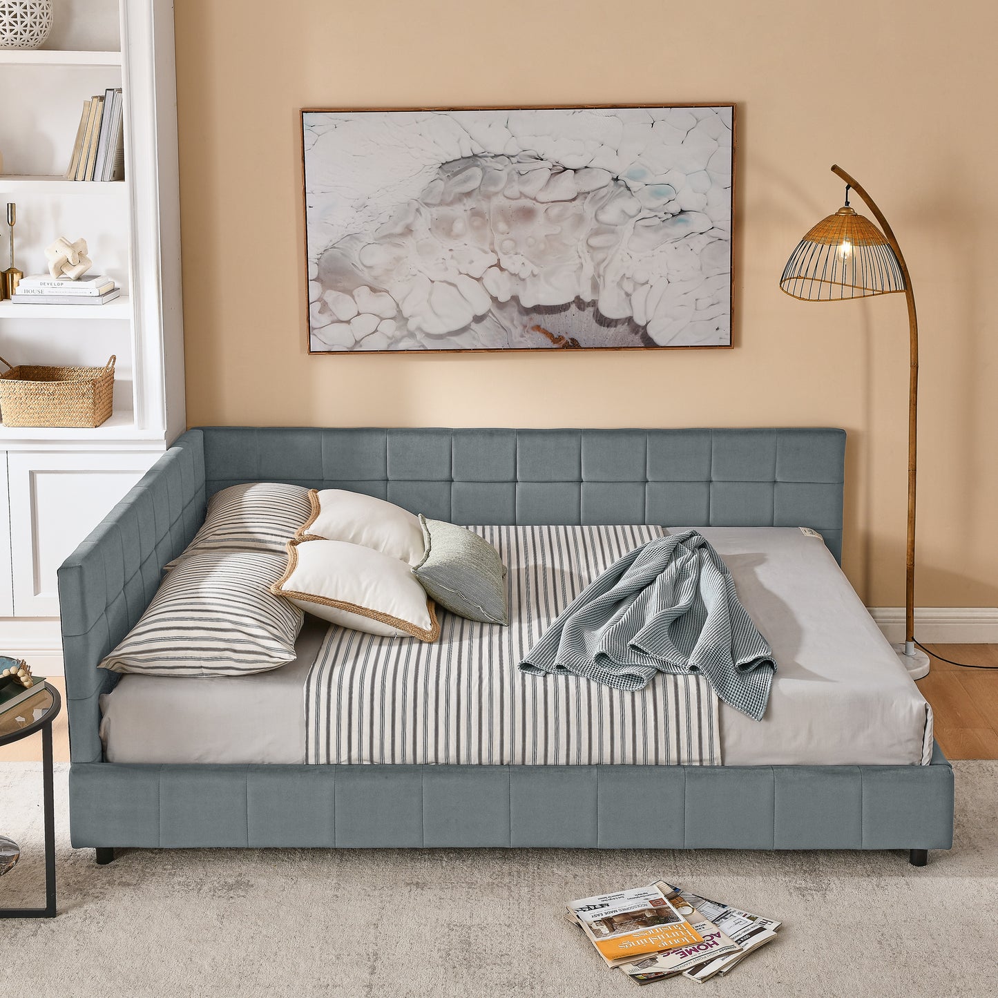 Queen Size Upholstered Tufted Bed Frame, Sofa Bed Frame with Comfortable Backrest and Armrests, Queen Size Bed for Bedroom, Living Room,Velvet, GREY(85.5''*64.5''*30.5'')