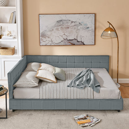 Queen Size Upholstered Tufted Bed Frame, Sofa Bed Frame with Comfortable Backrest and Armrests, Queen Size Bed for Bedroom, Living Room,Velvet, GREY(85.5''*64.5''*30.5'')