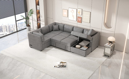 108.6" U-shaped Sectional Sofa Pull out Sofa Bed with Two USB Ports, Two Power Sockets, Three Back Pillows and a Storage Chaise for Living Room, Light Gray