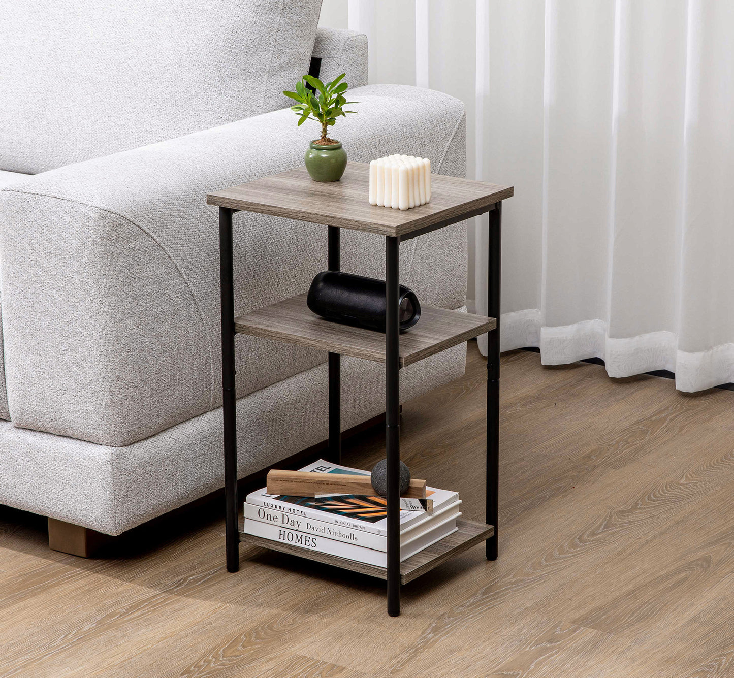 3-Tier End Table Side Table with Adjustable Feet,Small Nightstand Space-Saving for Bedroom Living Room Office