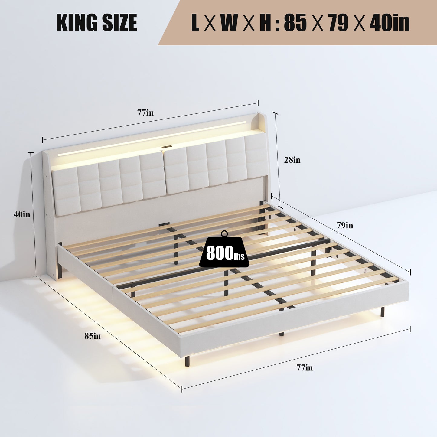 King Floating Bed Frame with LED Light and Charging Station Upholstered Platform Bed Frame King Size with Headboard and Hidden Storage Space, No Box Spring Needed, Beige