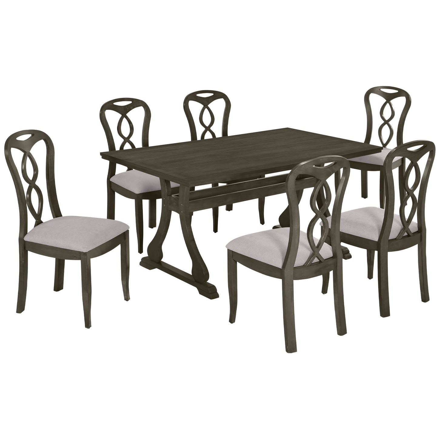 TOPMAX Retro 7-Piece Trestle Dining Table Set with Upholstered Dining Chairs, Smooth Dining Backs for Dining Room, Living Room, Kitchen, Gray