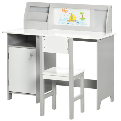 Qaba Toddler Desk and Chair Set, Kids Writing Desk Study Table for Children with Whiteboard, Storage Cabinet, Child Furniture, Art Gifts for Kids, Gray