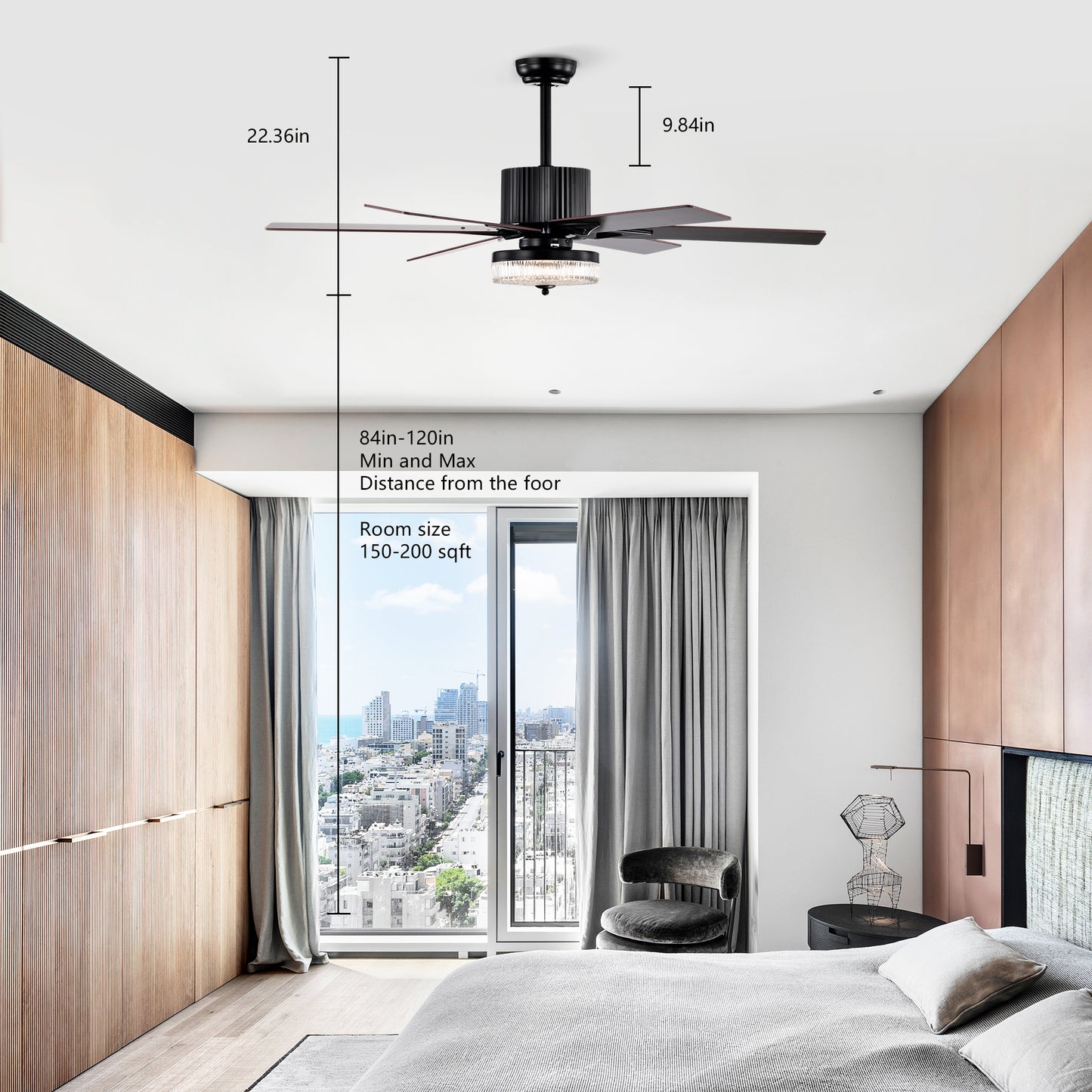 52 Inch Indoor Modern LED Ceiling Fan with Light and Remote Control, Reversible 6 Blades , Reversible Motor  - (Matte Black)