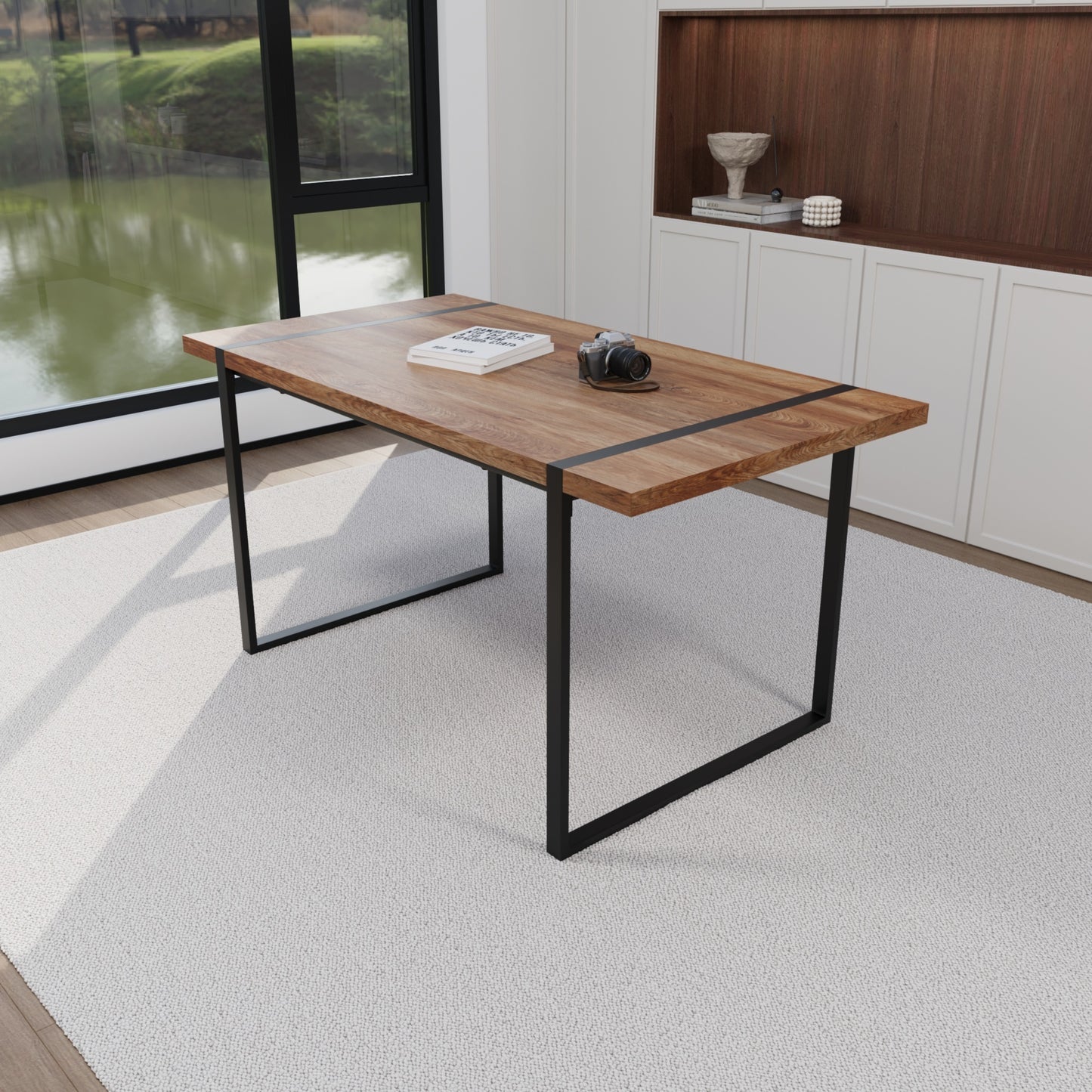 59 " dining table modern industrial rectangular MDF natural wood , 4-6 people, 1.5" thick engineering wood tabletop and black rectangular metal legs, used for home & kitchen