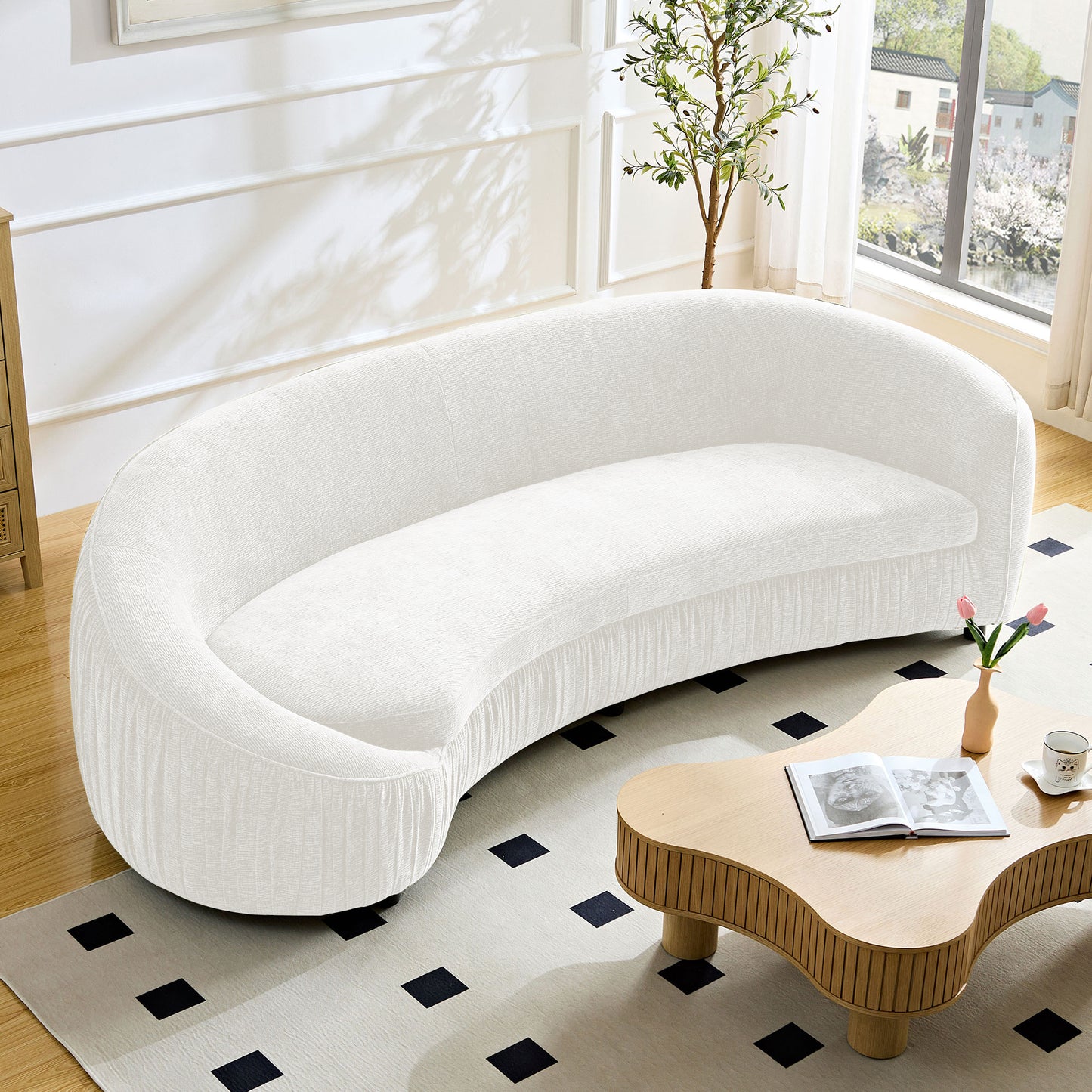 Modern Design Curved Shaped Sofa Couch for Living Room,Upholstered Fabric 4-Seat Sofa No Need to Assembly Couch for Apartment,Beige