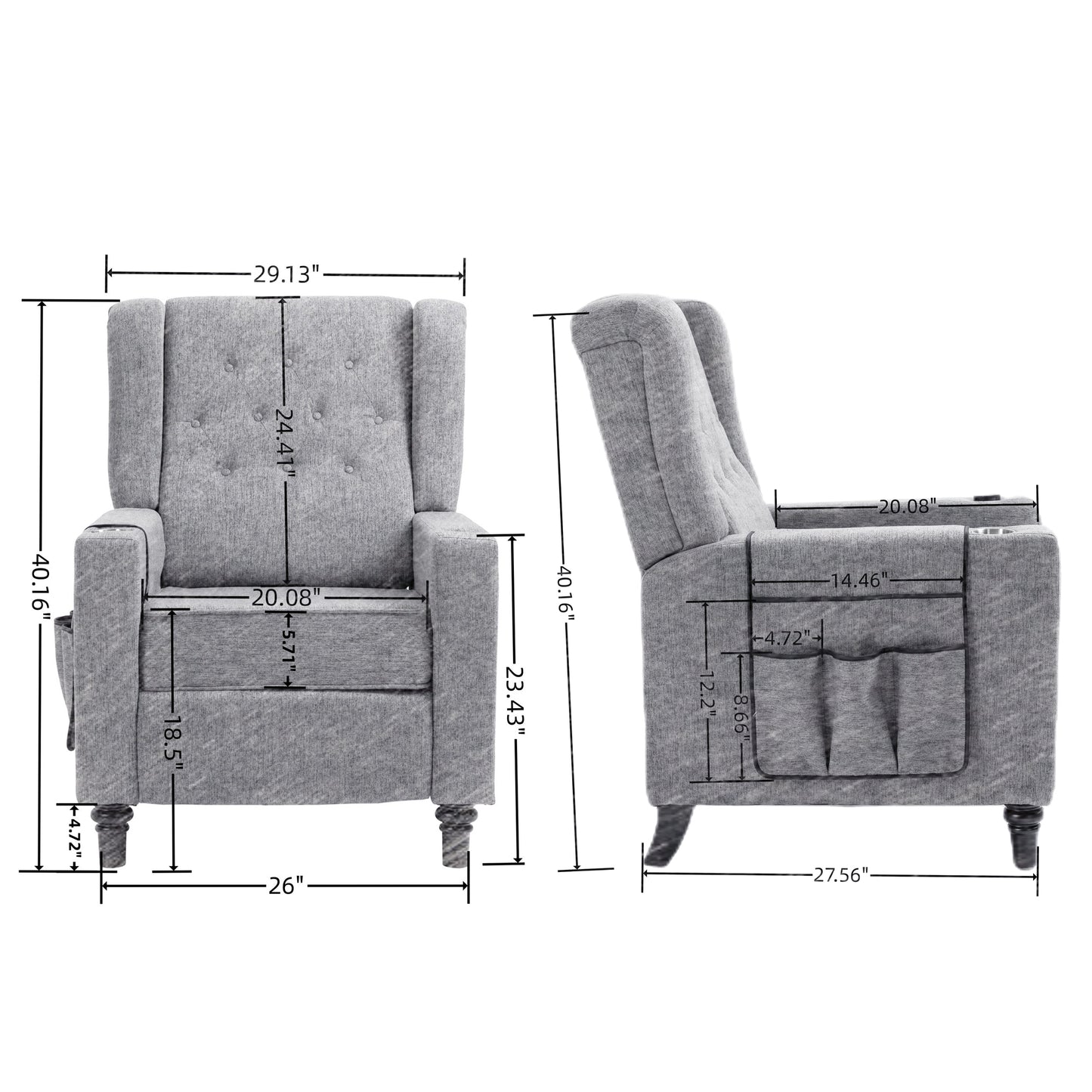 Arm Pushing Recliner Chair, Modern Button Tufted Wingback Push Back Recliner Chair, Living Room Chair Fabric Pushback Manual Single Reclining Sofa Home Theater Seating for Bedroom,Dark Gray