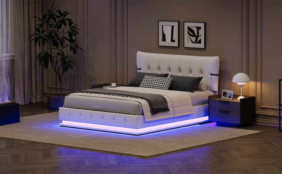 Upholstered Platform Queen Size Hydraulic Storage Bed, Lift Up Storage Bed with RGB LED Light, PU Leather Headboard and Footboard, No Box Spring Needed, White