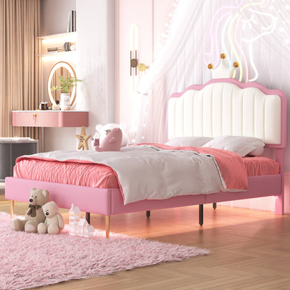 Twin size Upholstered Princess Bed With Crown Headboard, Platform Bed with  with Light Strips,Golden Metal Legs, White+Pink