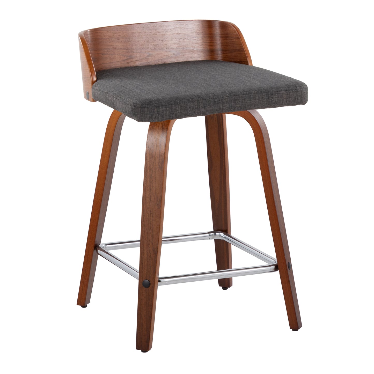 Maya 24" Mid-Century Modern Fixed-Height Counter Stool with Swivel in Walnut Wood and Charcoal Fabric with Square Chrome Metal Footrest by LumiSource - Set of 2