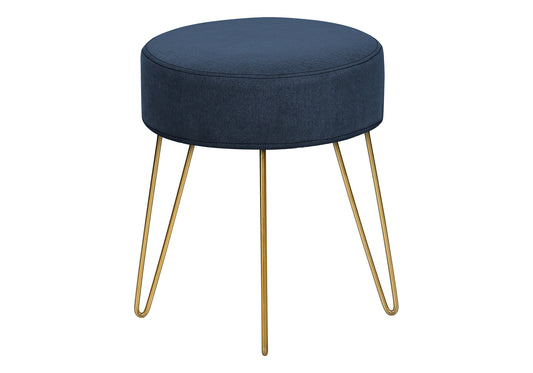 Ottoman, Pouf, Footrest, Foot Stool, 14' Round, Blue Fabric, Gold Metal Legs, Contemporary, Modern