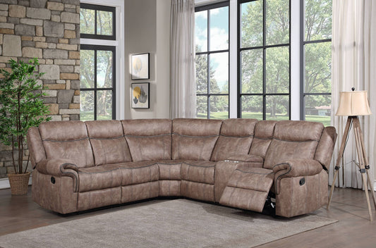 Dollum Two Tone Chocolate Nubuck Manual Recliner Sectional Sofa w/USB Port & Cupholder Console