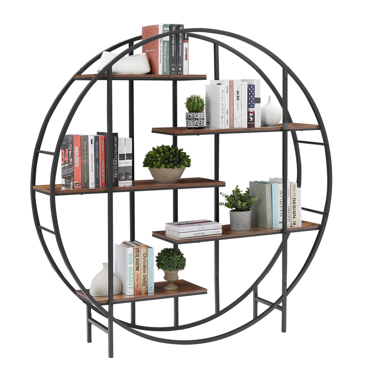 Round 5-Tier Metal Plant Stand bookcase storage rack, Indoor Living Room Terrace Garden Balcony Display Stand. Rustic Brown, 67'' W x 11.8'' D x 67'' H.