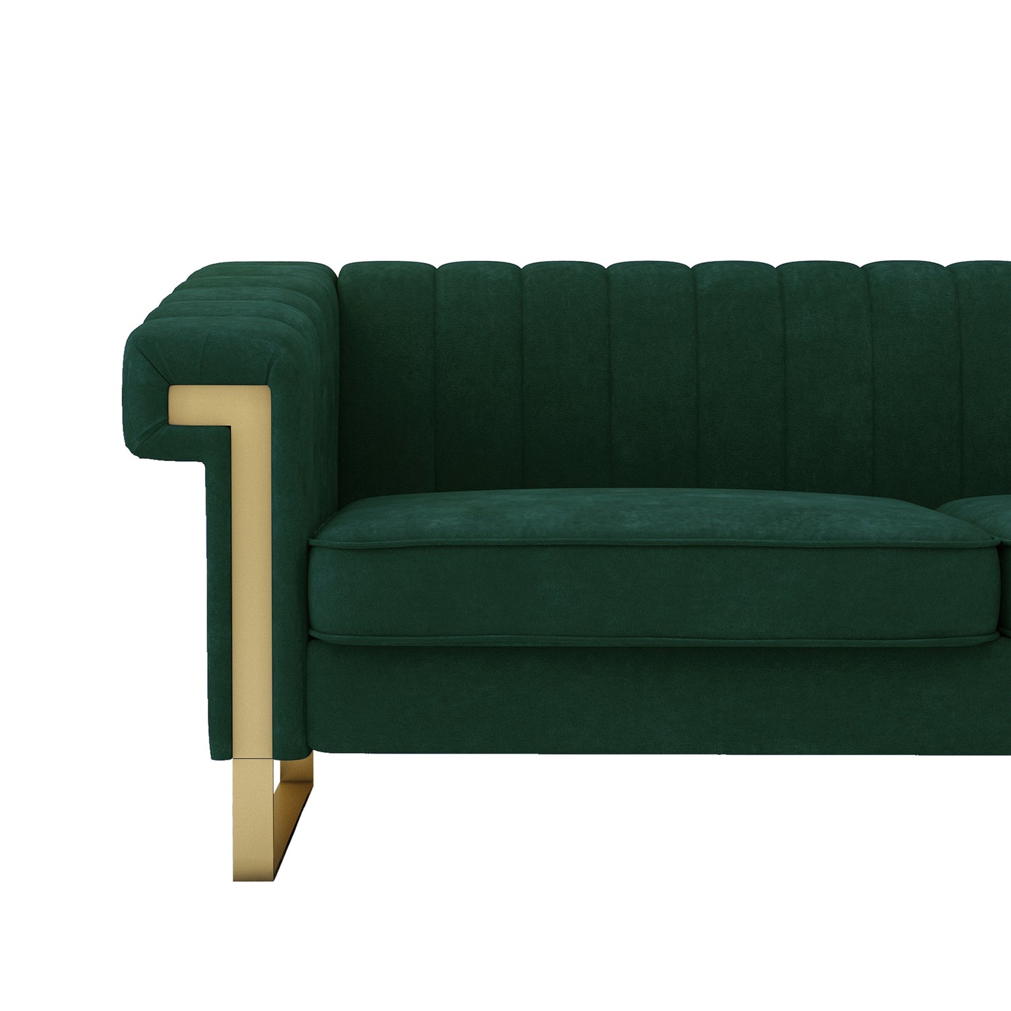 FX-P81-RG2  RETRO GREEN SOFA Modern Cream Velvet Sofa with Gold Accents - Sleek Channel-Tufted Upholstery, 3-Seat Couch for Living Room and Office Decor