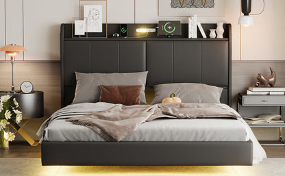 Queen Size Floating Bed Frame with Storage Headboard, Modern Upholstered Platform Bed with Touch Sensor Night Light and USB Charger, Black