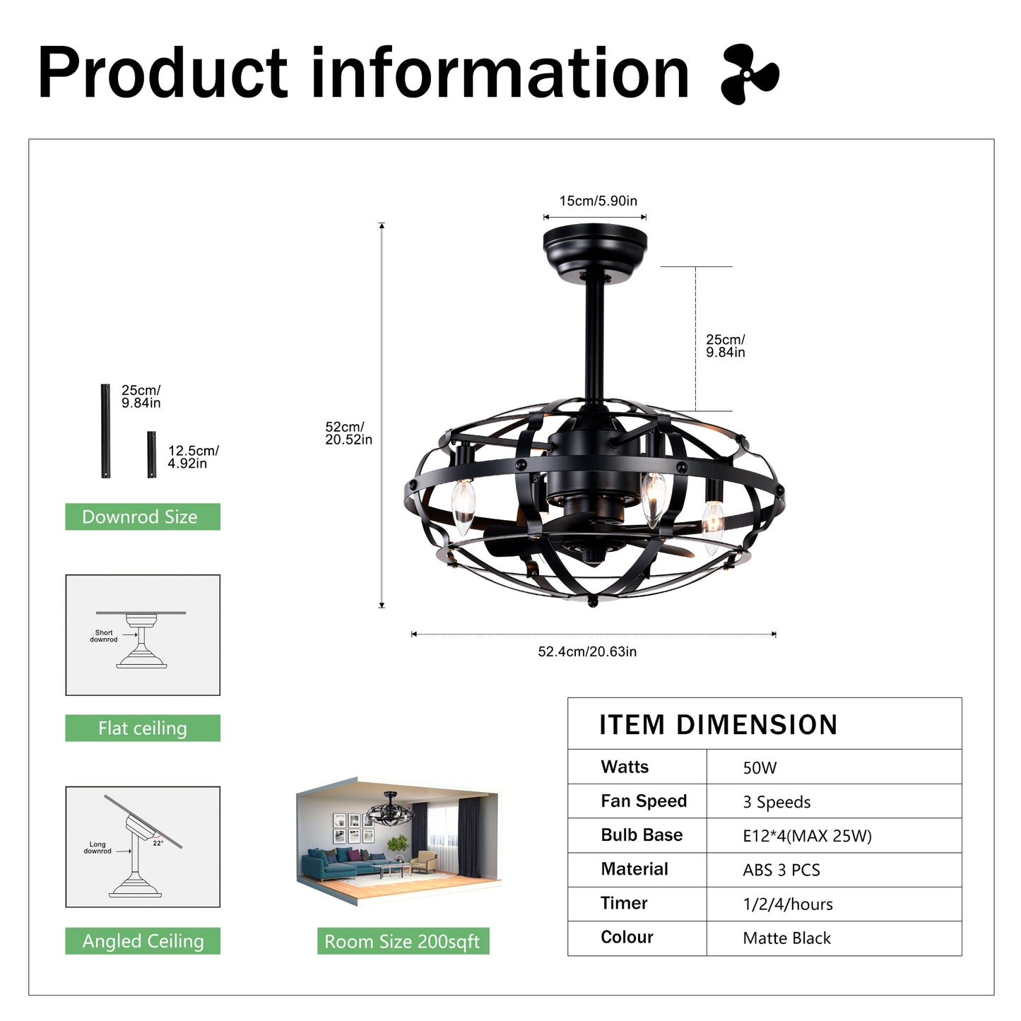 Hot Sell Industrial Ceiling Fan Light Kit for Living Room Bedroom Kitchen and Bladeless Caged Ceiling Fan with Lights