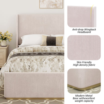 Queen Size Corduroy Upholstered Bed Frame with Vertical Stripe Wingback Headboard and High Footboard, Pink