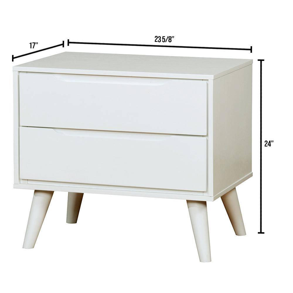 Mid-Century Modern White Color 1pc Nightstand Bedroom Furniture Solid wood Round Tapered Legs 2-Drawers Bedside Table