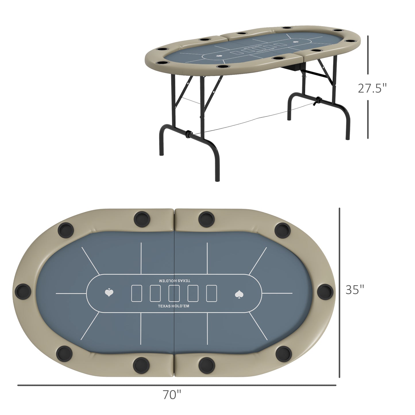 Soozier Poker Table Foldable, 70" Oval Blackjack Casino Texas Holdem Poker Game Table for 10 Players with Cup Holders, Blue and Brown