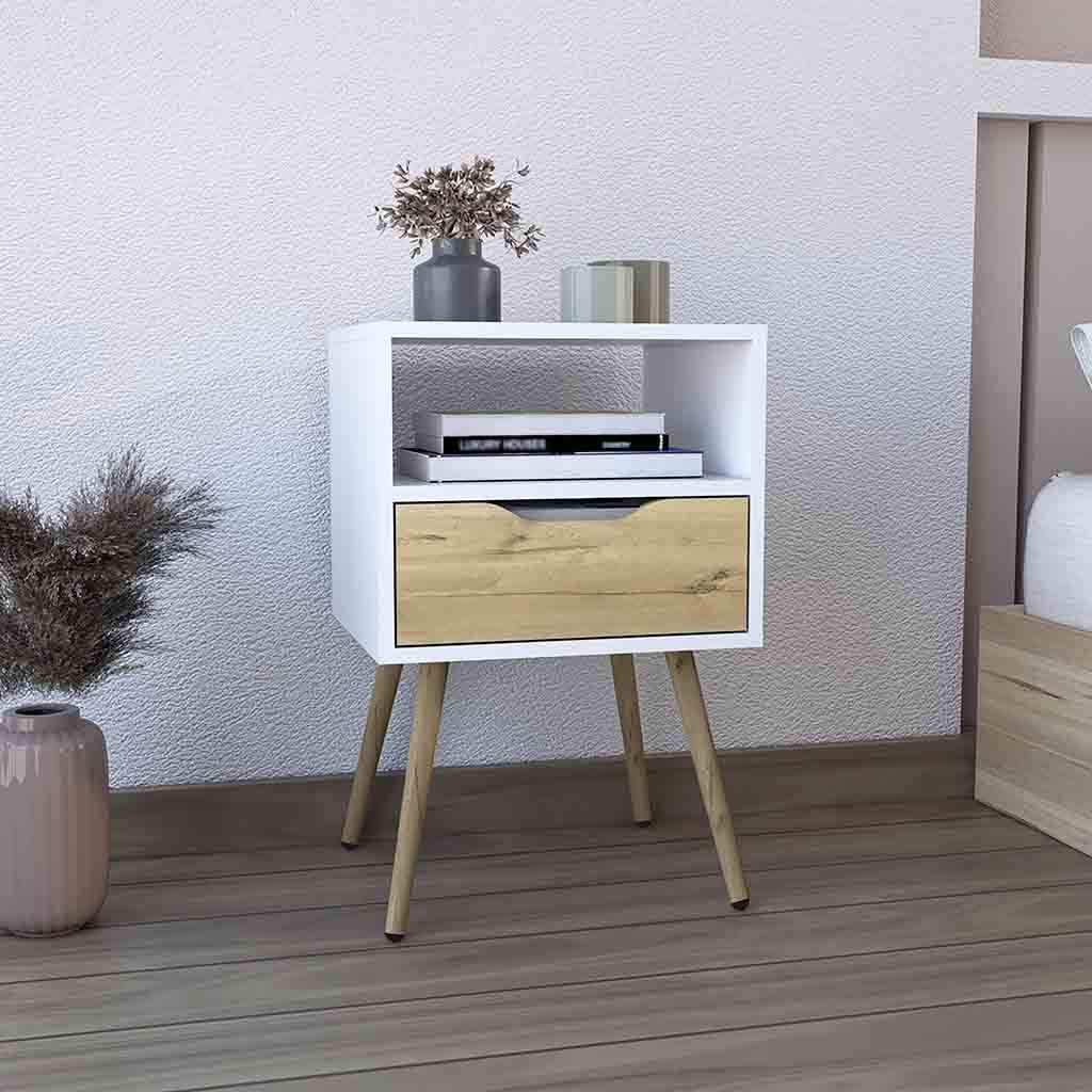 Nightstand 25"H, Superior Top, Four Legs, One Open Shelf, One Drawer, White / Light Oak