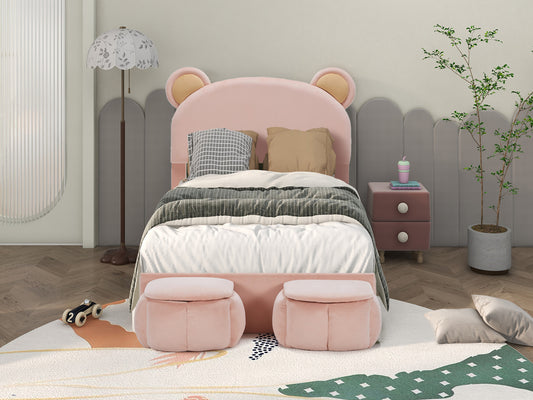 Twin Size Upholstered Platform Bed Frame with Cartoon Bear Ears Shaped Headboard  for Kids Teens Bedroom, No Box Spring Needed