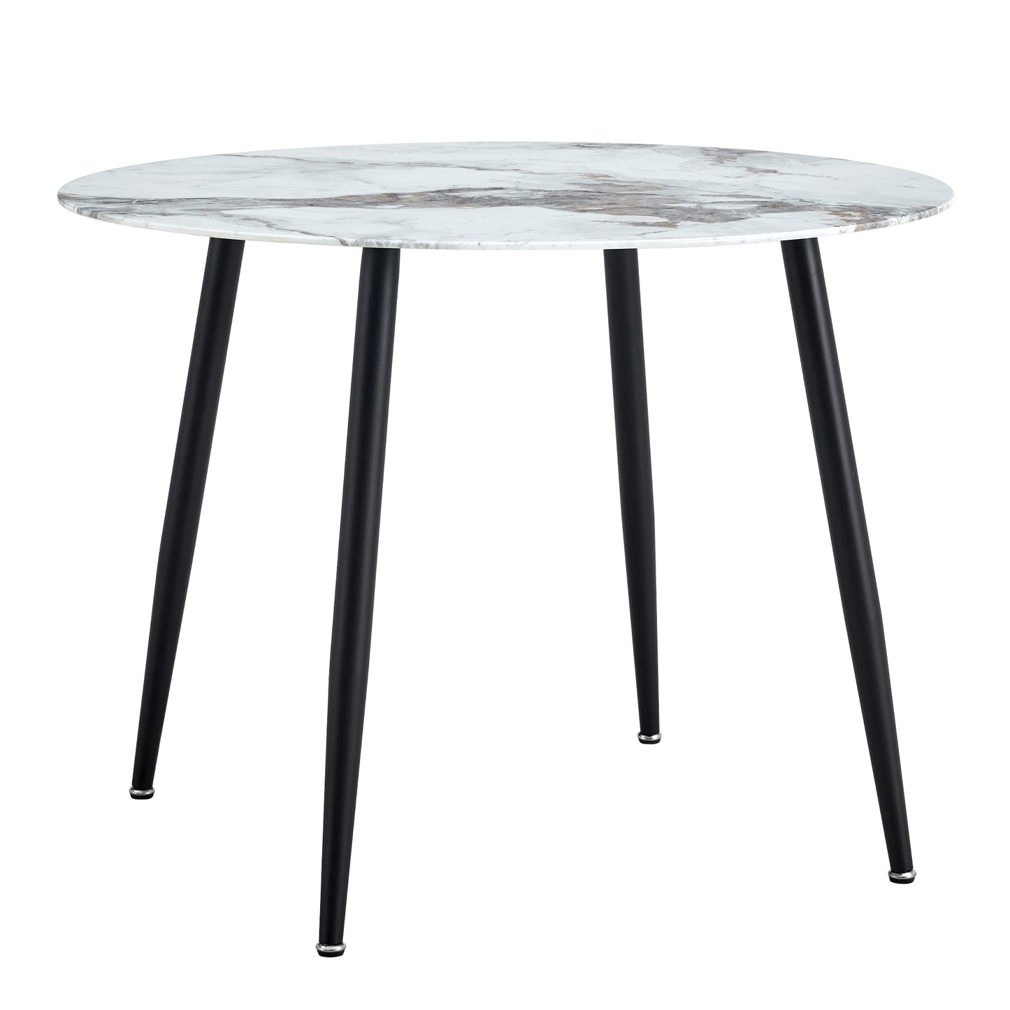 A modern minimalist circular dining table with a diameter of 40 inches, a 0.3 inch thick imitation marble pattern tabletop and black metal legs  40 '* 40' * 30 'DT-1164