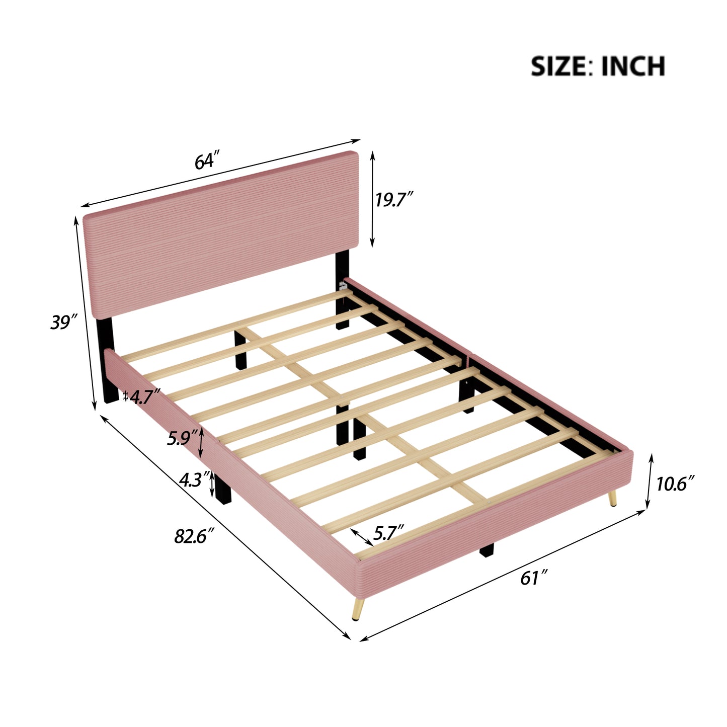 Queen Size Corduroy Upholstered Bed Frame, Platform Bed with Horizontal Stripe Headboard, No Box Spring Needed, Pink