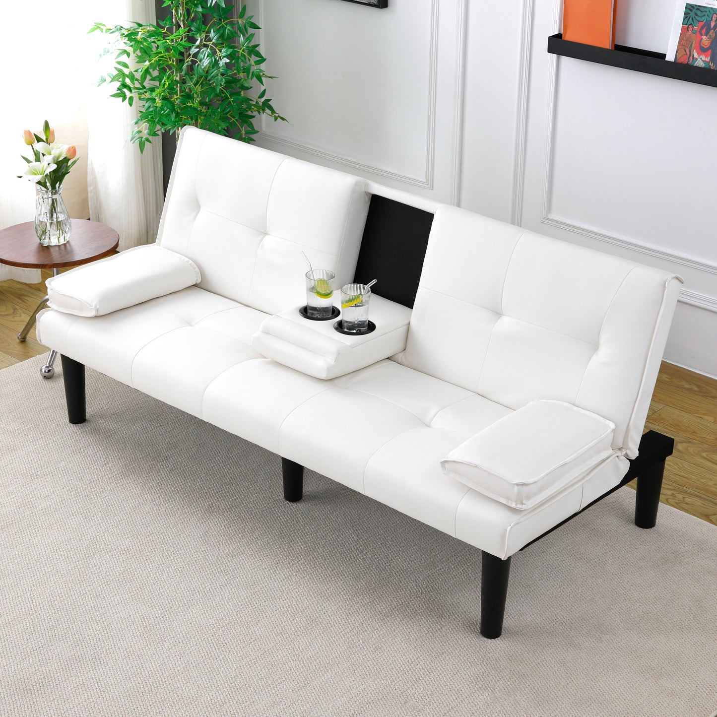 The 67-inch white PVC multi-functional sofa bed, with a foldable and cup holder design, makes it extremely convenient to turn the living room into a guest room