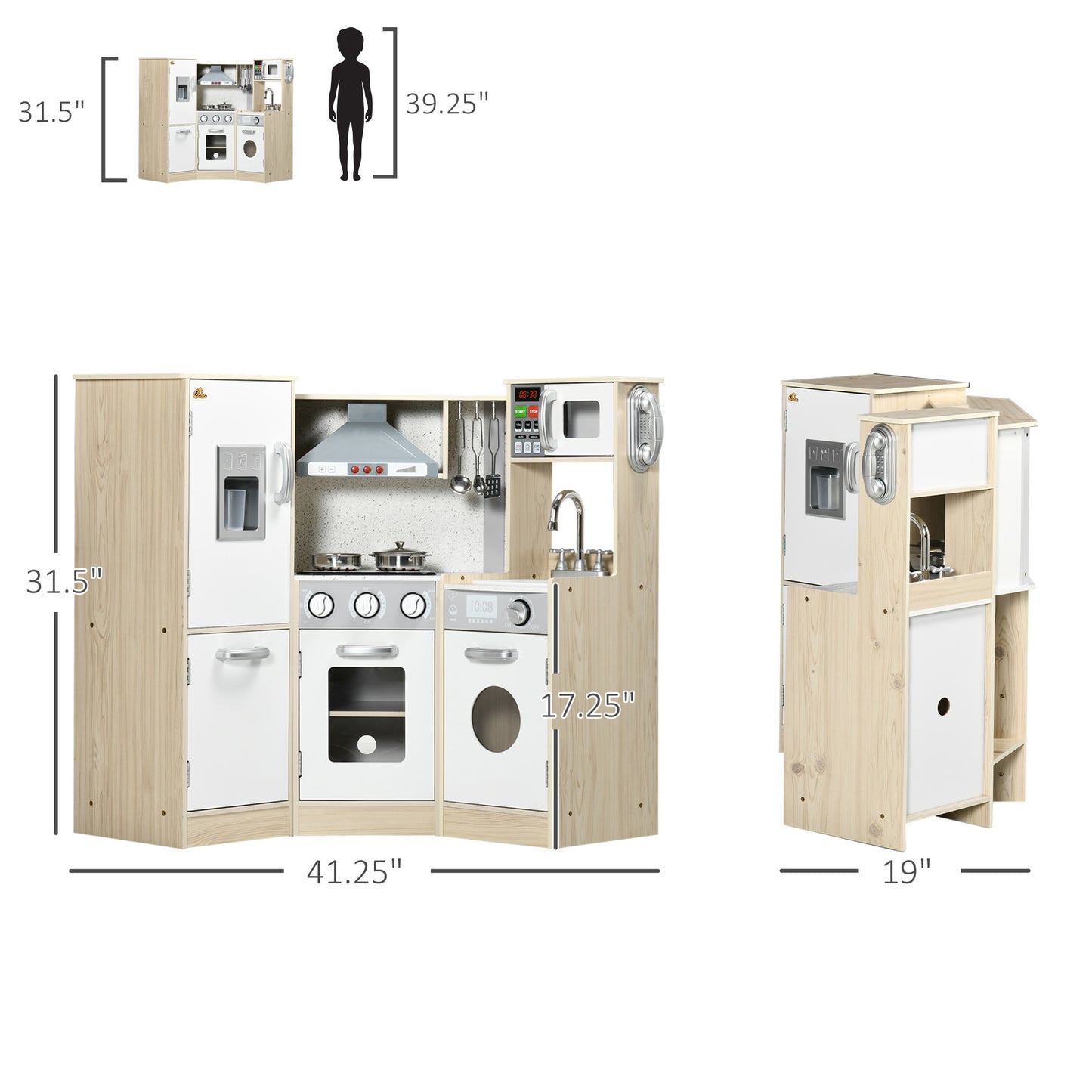 Qaba Ultra-Big Corner Kids Kitchen Playset with Sound Effects, Wooden Play Kitchen  with Stainless Steel Cooking Toys, Imaginative Pretend Toy for Ages 3-6 with Phone, Ice Maker