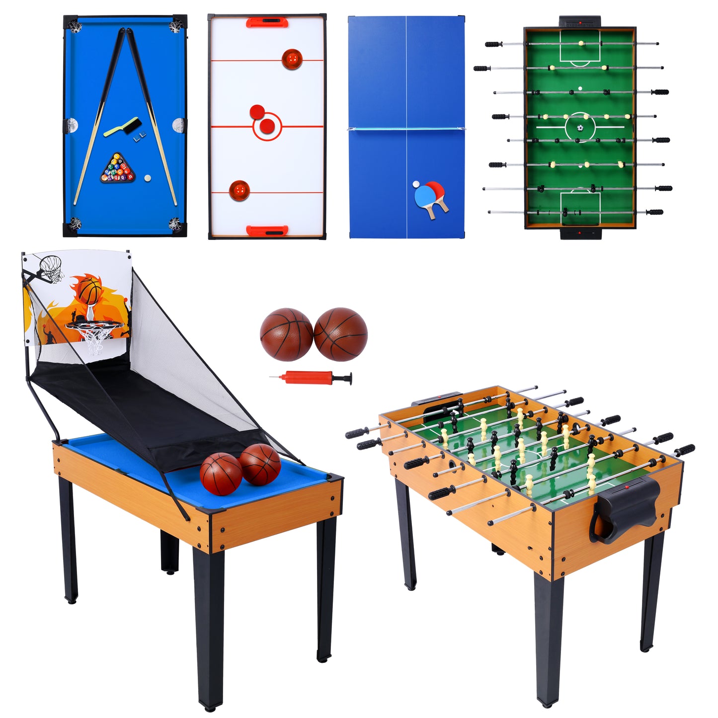 5-in-1 Multi-Game Table - Billiards, Push Hockey, Foosball, Ping Pong, and Basketball  brown /blue