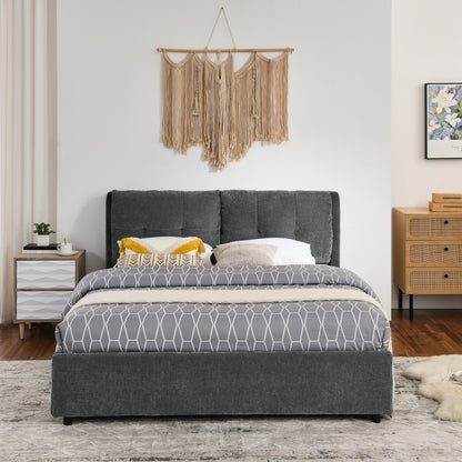 Queen Size Storage Upholstered Hydraulic Platform Bed with Integrated Headboard, Chenille Fabric, Gray