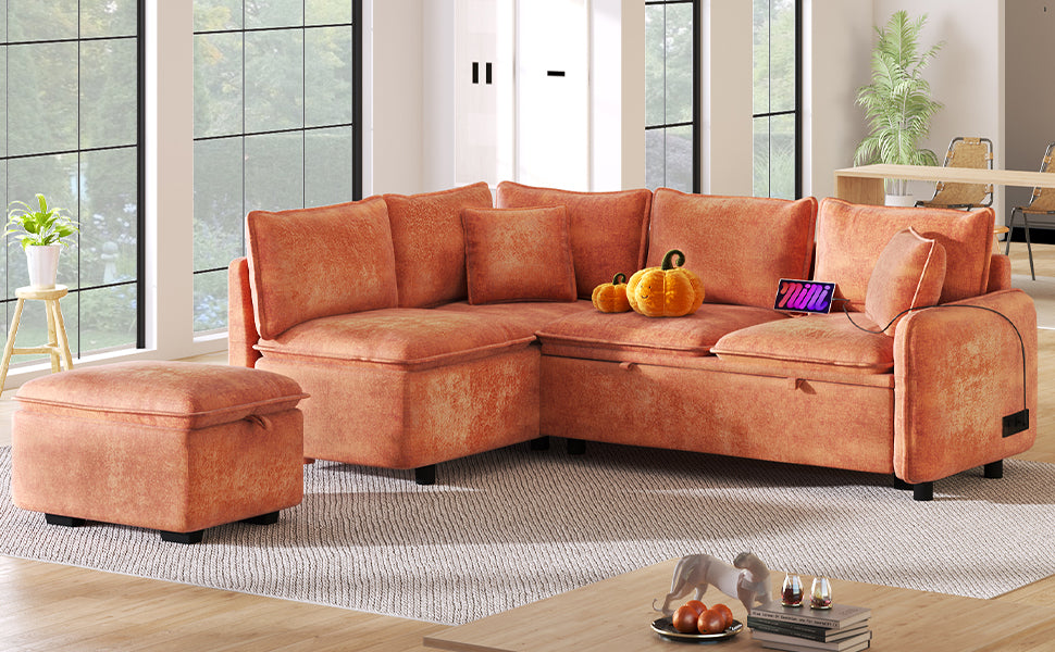 82.67"Convertible Sofa Bed Sectional Sofa Sleeper L-shaped Sofa with a Storage Ottoman,Two Pillows, Two Power Sockets and Two USB Ports for Living Room, Orange