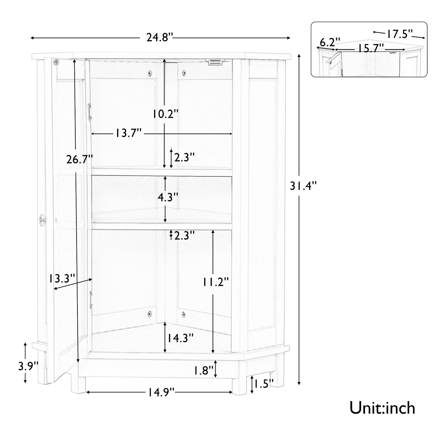 Black Bathroom Cabinet Triangle Corner Storage Cabinet with Adjustable Shelf Modern Style MDF Board