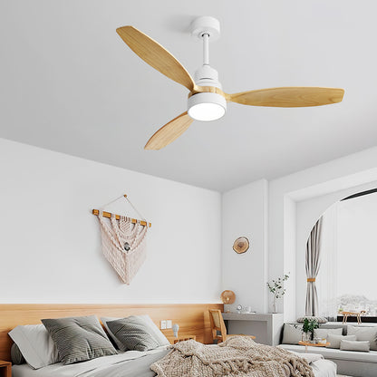 52 Inch Indoor Modern Ceiling Fan White 3 Solid Wood Blades Remote Control Reversible DC Motor With Led Light