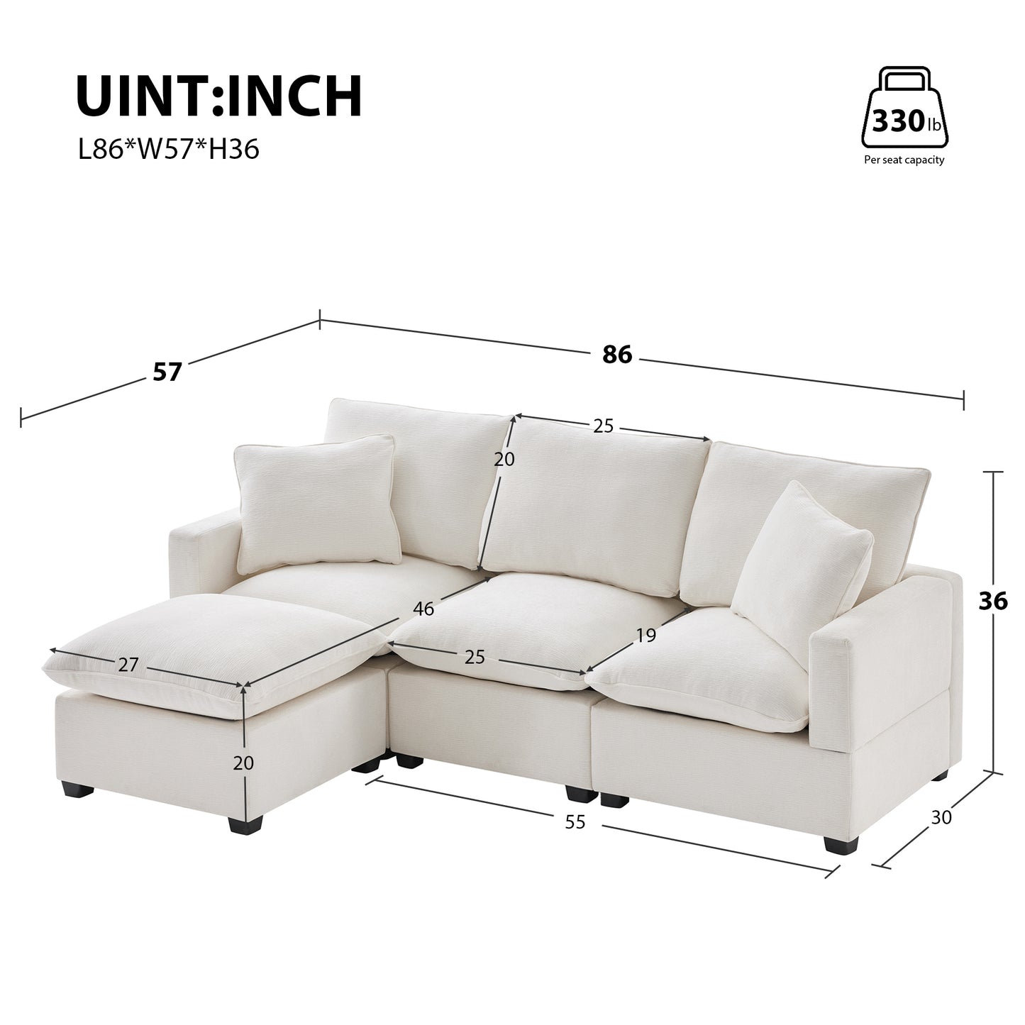 84*57" Modern Modular Sofa, 4 Seat Chenille Sectional Couch Set with 2 Pillows Included, Freely Combinable Indoor Funiture for Living Room, Apartment, Office, 2 Colors