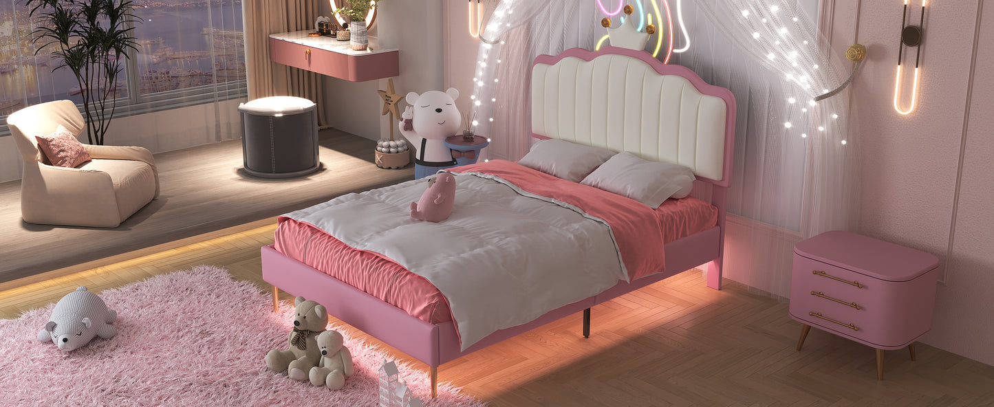 Twin size Upholstered Princess Bed With Crown Headboard, Platform Bed with  with Light Strips,Golden Metal Legs, White+Pink