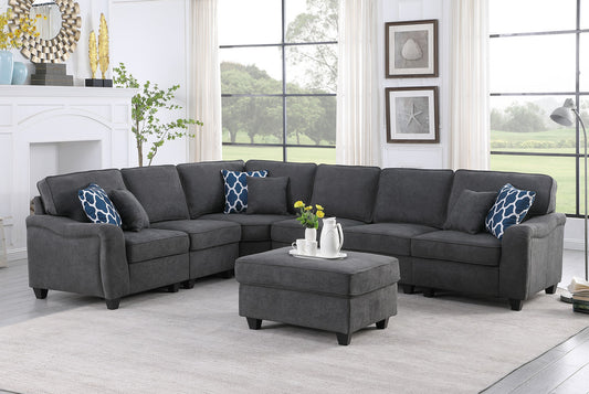 Leo 125" Dark Gray Woven 7Pc Modular L-Shape Sectional Sofa and Ottoman