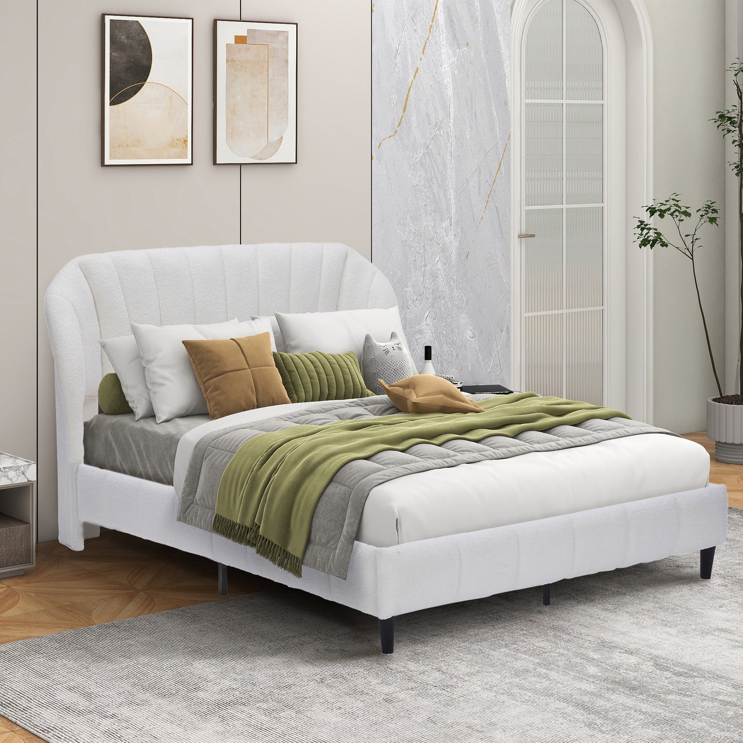 Queen Size Velvet Bed Frame Wingback Headboard with Velvet Upholstered Platform Bed Strong Wooden Slats No Box Spring Needed Easy Assembly Beige