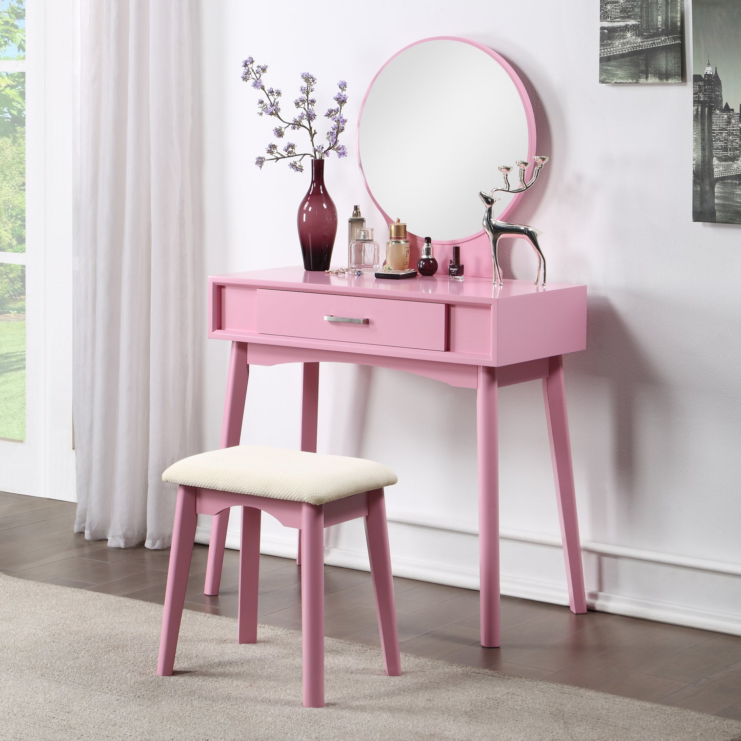 Maly Contemporary Wood Vanity and Stool Set, Pink