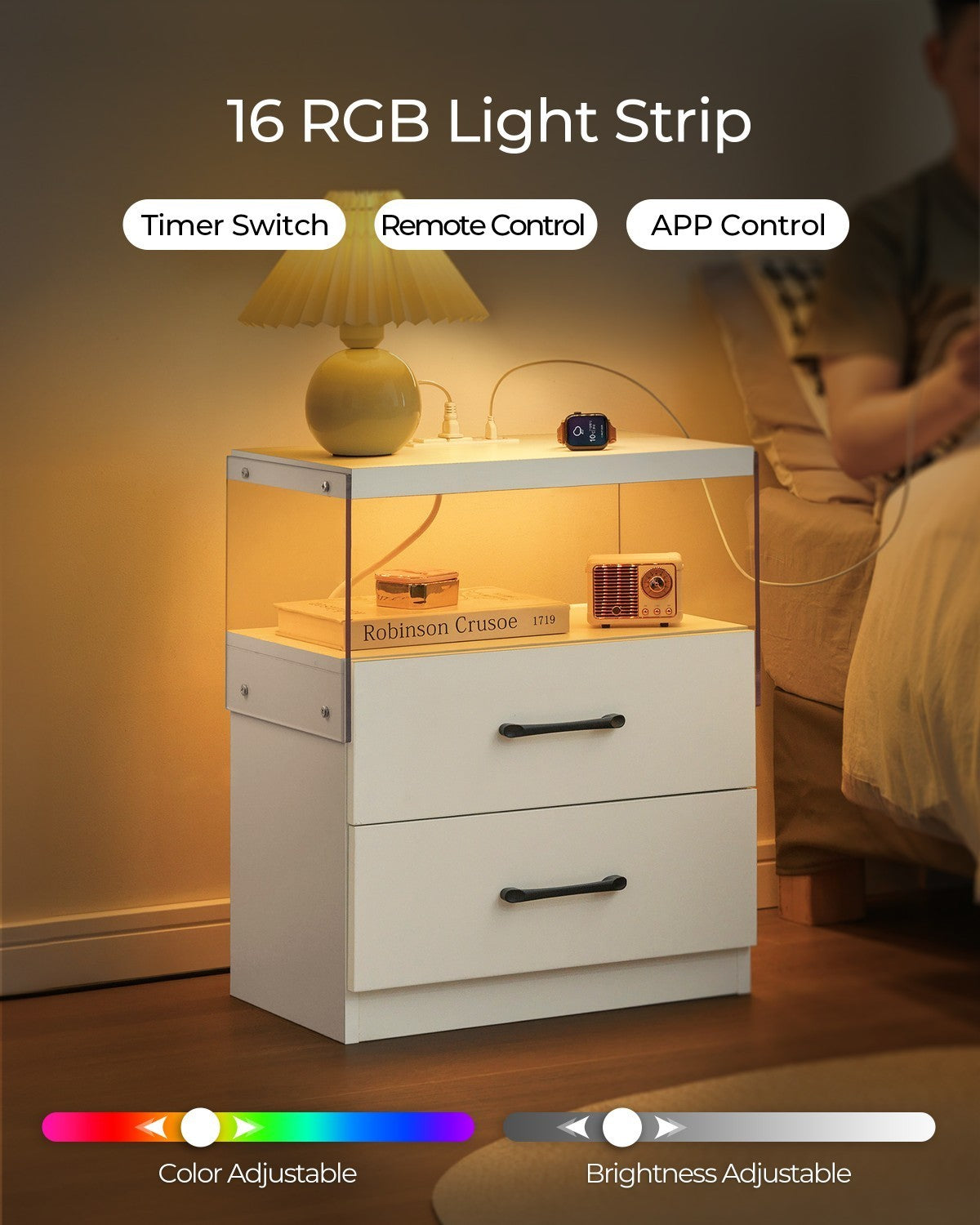 Nightstand with LED Lights, Adjustable Light Colors, Bedside Table, Side Table with 2 Drawers,White