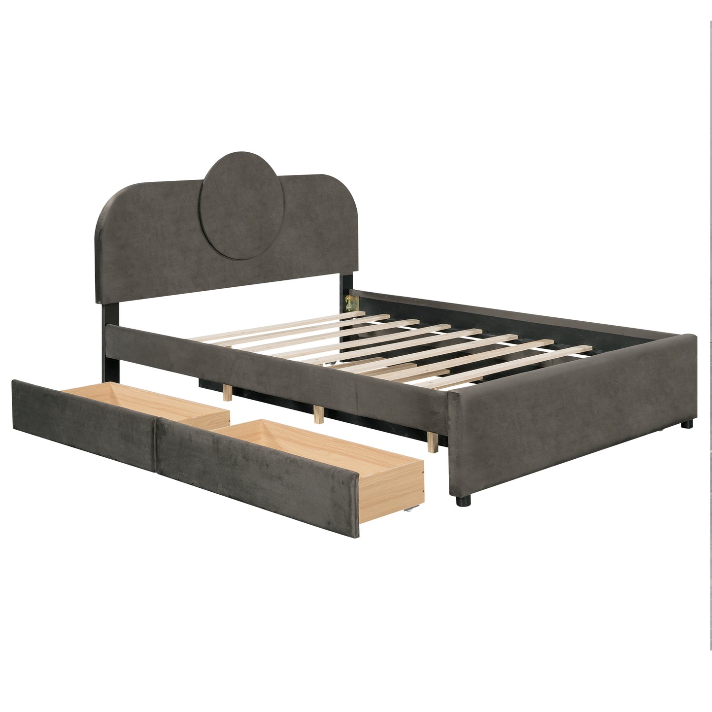 Queen Size Upholstered Platform Bed with Multi-functional Headboard, Trundle and 2 Drawers, Gray