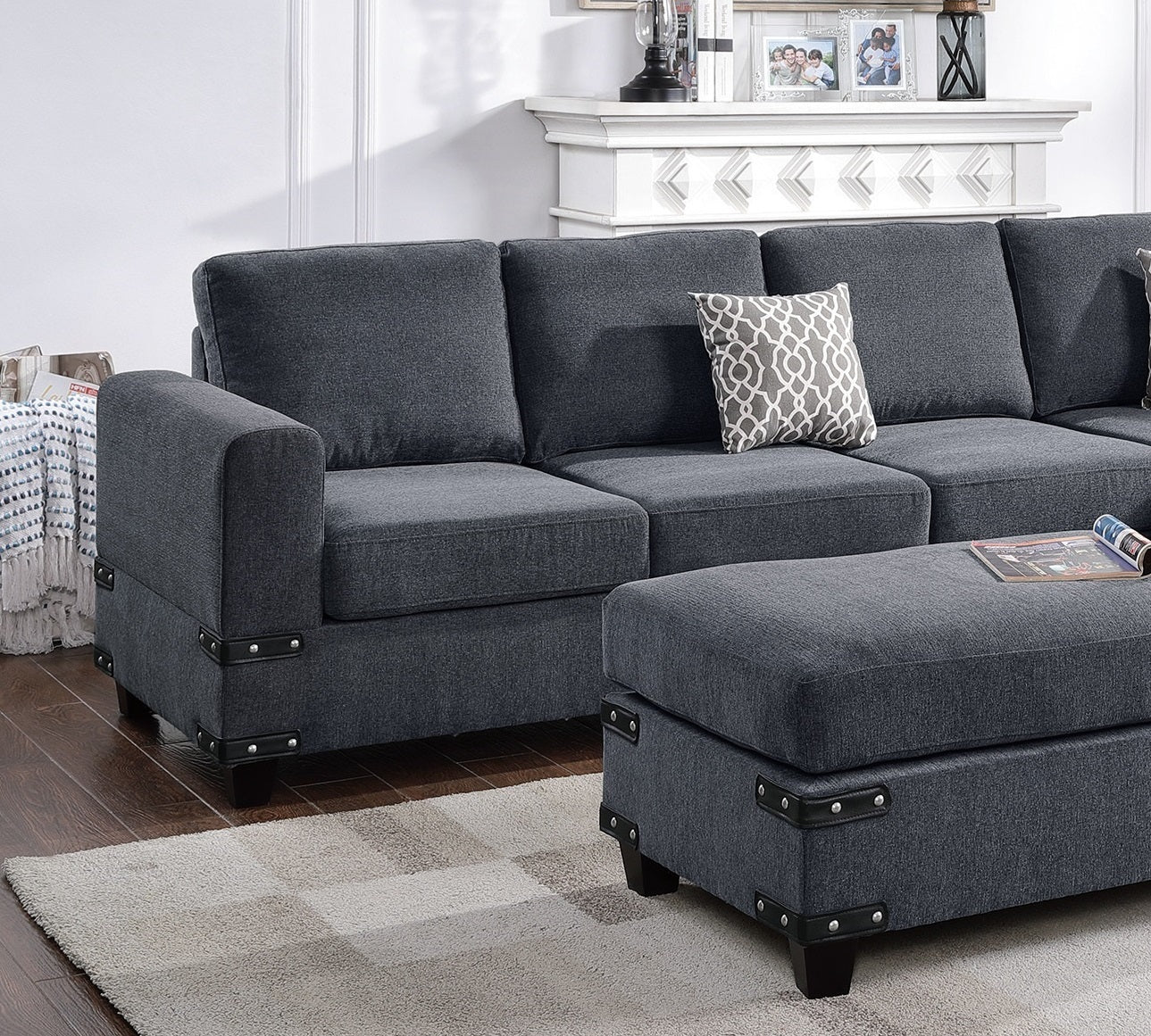 Living Room Furniture Charcoal Chenille Sectional w Ottoman Linen Like Fabric Sofa Reversible L/R Chaise Ottoman 3pc Sectional Sofa