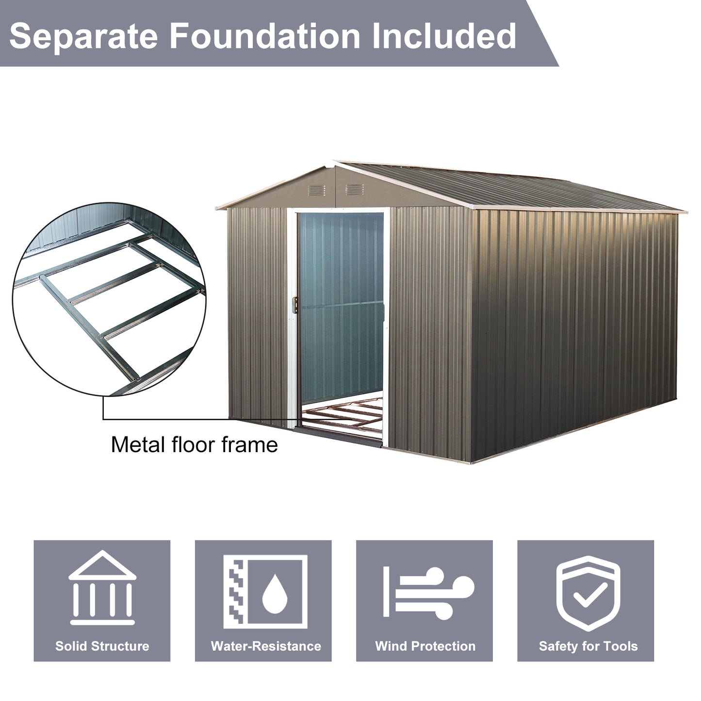 8x10ft Outdoor Metal Storage Shed with metal foundation Gray